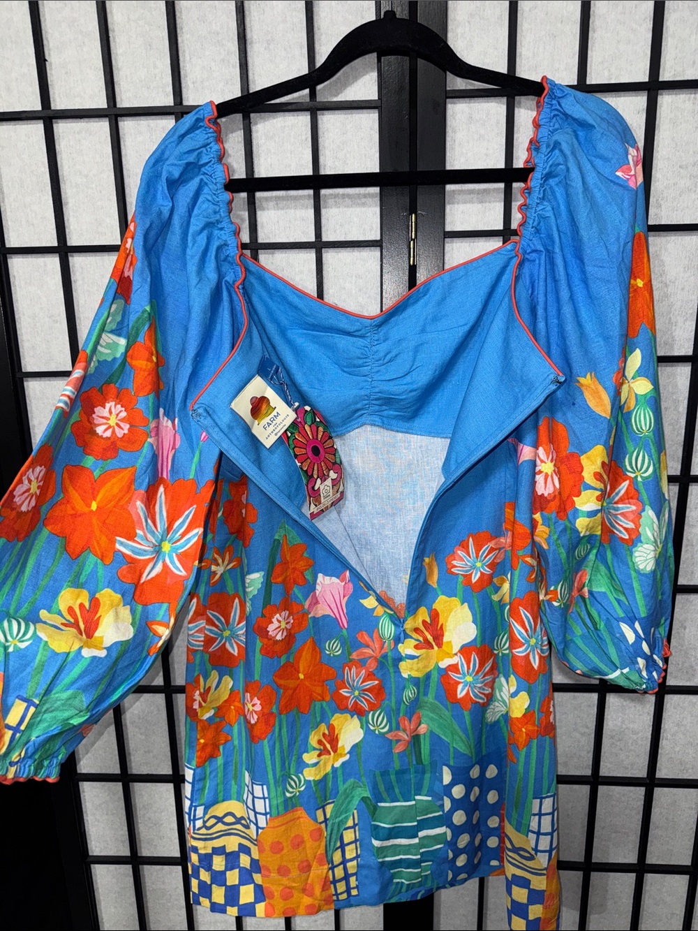 FARM Rio Blue Floral Puff Sleeve Mini Dress Size L Colorful Garden Print - Picture 9 of 15